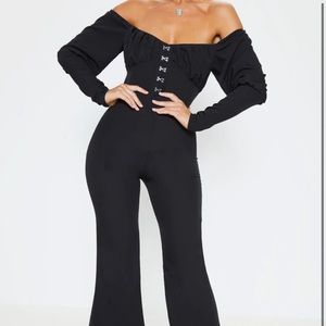Black Ruched Flare Leg Bardot Jumpsuit US8